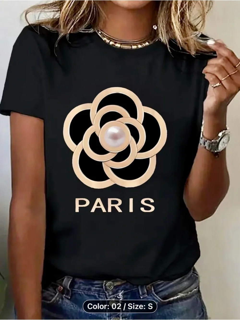 Black Paris Floral Pearl Graphic Tee NWOT - Picture 1 of 4